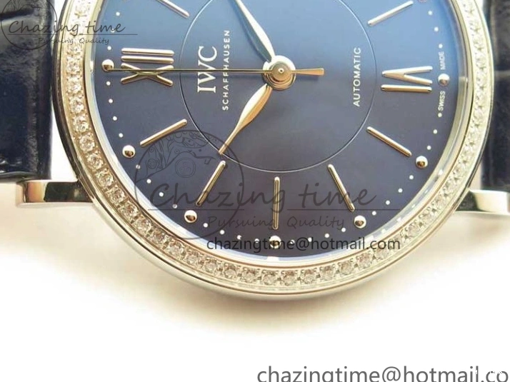 MIROTIME 0429 Portofino 37mm SS V7F 1:1 Best Edition Blue Dial Diamonds Bezel on Blue Leather Strap A Chic 7093